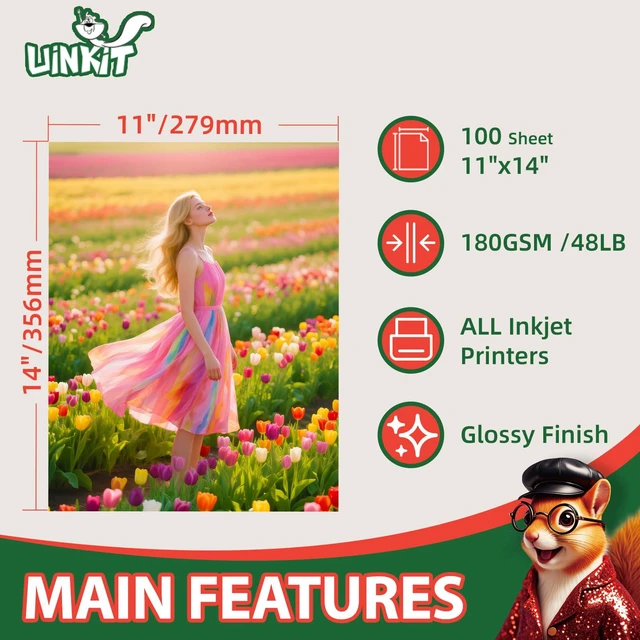 Alt view image 2 of 7 - 180gsm Glossy Photo Paper 11x14 Inches - 100 Sheets for Dye Ink | Quick Dry, No Smudging | Single-Sided Pro Finish, Thick 48lb No Curling