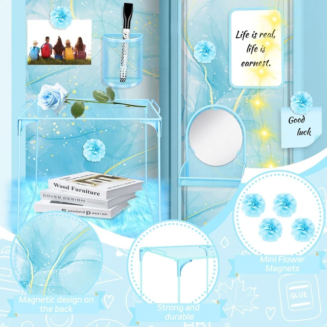 Alt view image 3 of 7 - 17 Pcs Blue Locker Organizer Kit, Includes Locker Magnetic Wallpaper, Locker Shelf, Blue Magnetic Mirror, Magnetic Pen Holders and Organizing Supplies Locker Decorations Back to School Stuff Gift