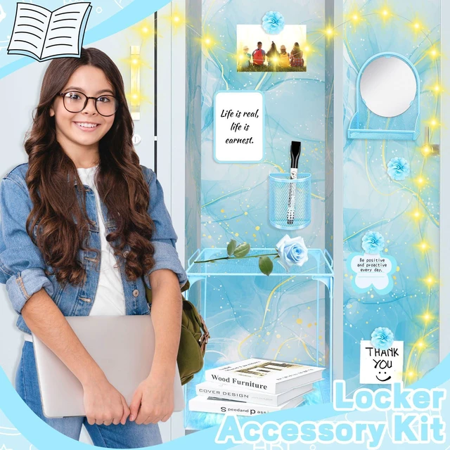 Alt view image 4 of 7 - 17 Pcs Blue Locker Organizer Kit, Includes Locker Magnetic Wallpaper, Locker Shelf, Blue Magnetic Mirror, Magnetic Pen Holders and Organizing Supplies Locker Decorations Back to School Stuff Gift
