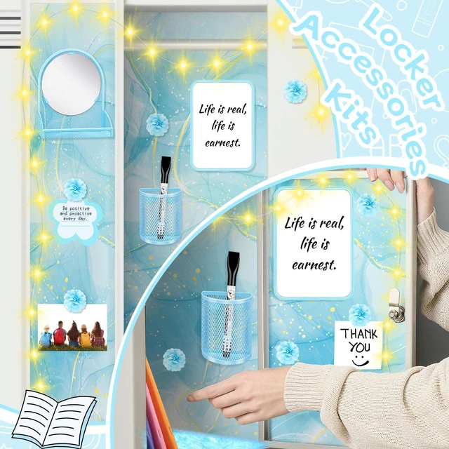 Alt view image 5 of 7 - 17 Pcs Blue Locker Organizer Kit, Includes Locker Magnetic Wallpaper, Locker Shelf, Blue Magnetic Mirror, Magnetic Pen Holders and Organizing Supplies Locker Decorations Back to School Stuff Gift