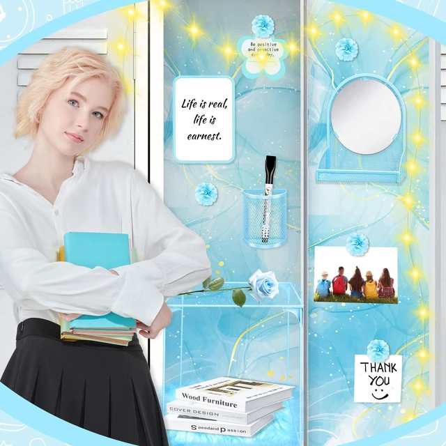 Alt view image 6 of 7 - 17 Pcs Blue Locker Organizer Kit, Includes Locker Magnetic Wallpaper, Locker Shelf, Blue Magnetic Mirror, Magnetic Pen Holders and Organizing Supplies Locker Decorations Back to School Stuff Gift