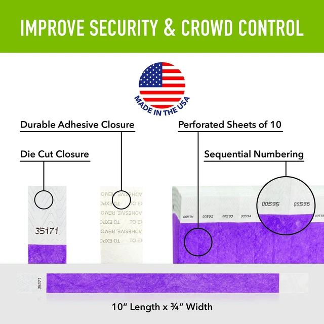 Alt view image 2 of 7 - 5,000 Purple Tyvek Wristbands for Events - Tamper-Proof Comfortable Water/Tear-Resistant - USA Made Tyvek Wristband ID Bracelets for Events, Concerts, Party Security, VIP Admission
