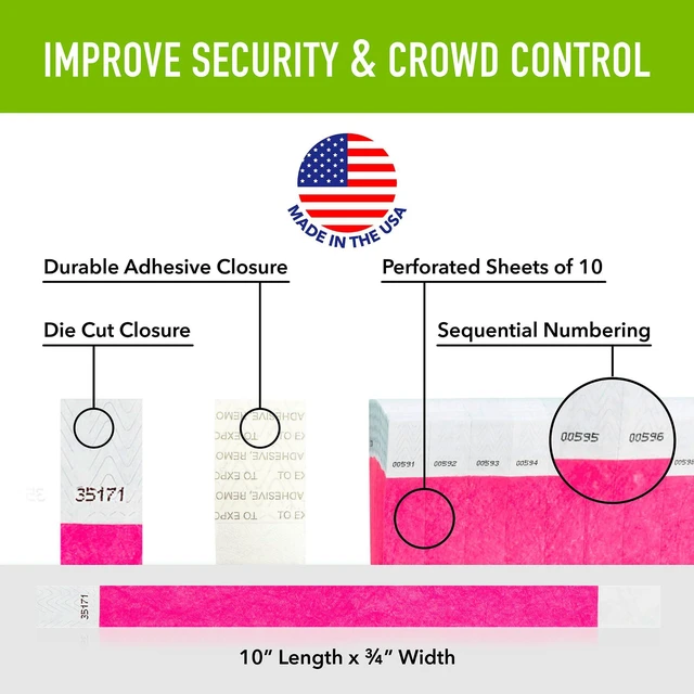 Alt view image 2 of 7 - 5,000 Neon Pink Tyvek Wristbands for Events - Tamper-Proof Design Comfortable Water/Tear-Resistant - USA Made Tyvek Wristband ID Bracelets for Events, Concerts, Party Security, VIP Admission