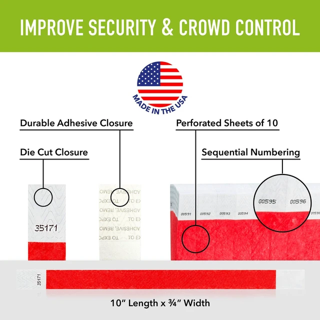Alt view image 2 of 7 - 5,000 Neon Red Tyvek Wristbands for Events - Tamper-Proof Design Comfortable Water/Tear-Resistant - USA Made Tyvek Wristband ID Bracelets for Events, Concerts, Party Security, VIP Admission