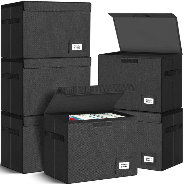 Main image of 6 Pack Comic Book Storage, Collapsible and Stackable Comic Short Box Moistureproof Comic Box with Lid and Label Slot 15.5" X 7.5" X 11.3" Holds 150 Comics