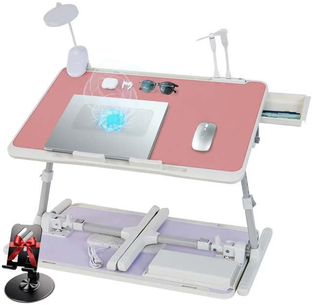 Main image of Adjustable Laptop Lap Desk with Cooling Fan USB Light for Adults 60x40cm,Pink