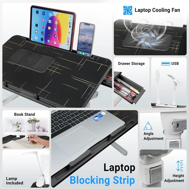 Alt view image 3 of 6 - Adjustable Laptop Lap Desk with Cooling Fan USB Light for Adults 60 * 40cm,Black