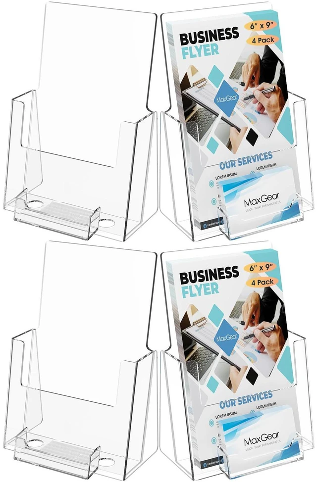 Main image of Acrylic Brochure Holder Flyer Display Stand 6 x 9 Inch, 4 Pack Built-in Business Card Holder, Clear Acrylic, Holds Brochures, Flyers, Menus, Magazines, Pamphlets and Booklets for Office