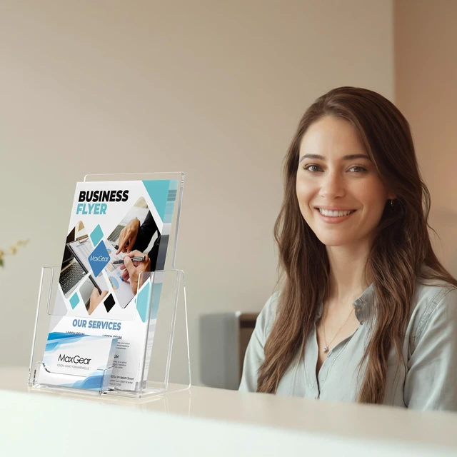 Alt view image 5 of 7 - Acrylic Brochure Holder Flyer Display Stand 6 x 9 Inch, 4 Pack Built-in Business Card Holder, Clear Acrylic, Holds Brochures, Flyers, Menus, Magazines, Pamphlets and Booklets for Office