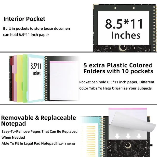 Alt view image 3 of 6 - Clipboard with Storage 8.5 X 11Padfolio Organizer, Spiral Portfolio Letter Size with Notepad, Pen Holder, 5 Extra Folder Divider Pages, Elastic Closure Nurse Office Essentials (Black Tarot)