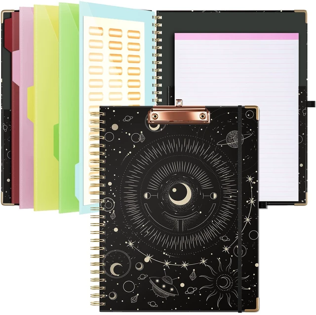 Main image of Clipboard with Storage 8.5 X 11Padfolio Organizer, Spiral Portfolio Letter Size with Notepad, Pen Holder, 5 Extra Folder Divider Pages, Elastic Closure Nurse Office Essentials (Black Tarot)