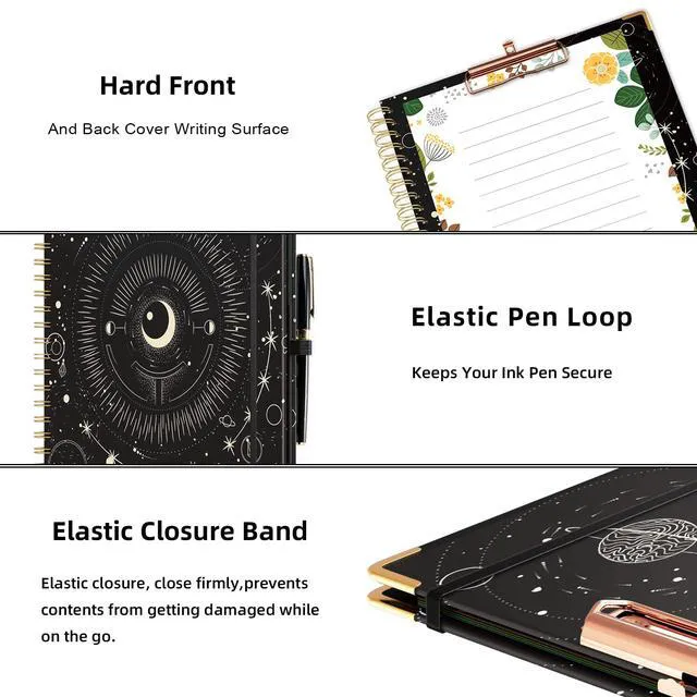 Alt view image 5 of 6 - Clipboard with Storage 8.5 X 11Padfolio Organizer, Spiral Portfolio Letter Size with Notepad, Pen Holder, 5 Extra Folder Divider Pages, Elastic Closure Nurse Office Essentials (Black Tarot)