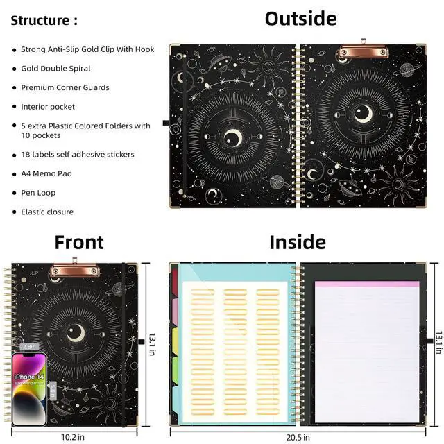 Alt view image 2 of 6 - Clipboard with Storage 8.5 X 11Padfolio Organizer, Spiral Portfolio Letter Size with Notepad, Pen Holder, 5 Extra Folder Divider Pages, Elastic Closure Nurse Office Essentials (Black Tarot)