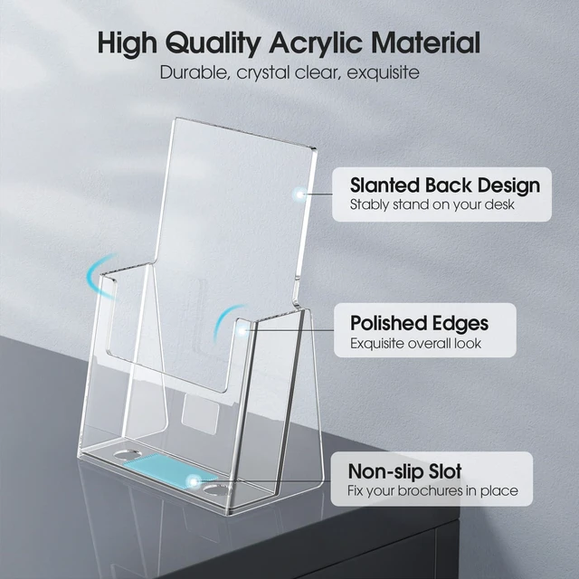 Alt view image 3 of 7 - Acrylic Brochure Holder, 6 x 9 Inch Countertop Display, 6 Pack Clear Acrylic Material, Fits Bi-Fold Brochures, Booklets and Flyers, Easy Brochure Access, Non Slip Slot, Polished Edges