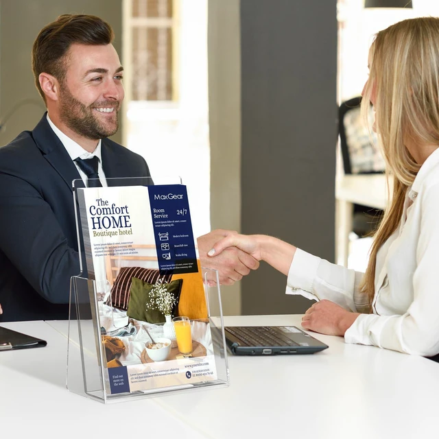Alt view image 4 of 7 - Acrylic Brochure Holder, 6 x 9 Inch Countertop Display, 6 Pack Clear Acrylic Material, Fits Bi-Fold Brochures, Booklets and Flyers, Easy Brochure Access, Non Slip Slot, Polished Edges