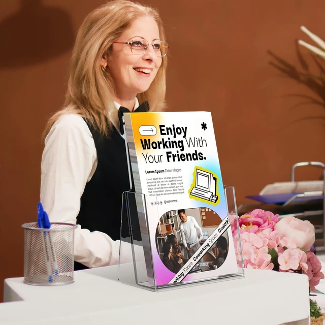 Alt view image 6 of 7 - Acrylic Brochure Holder, 6 x 9 Inch Countertop Display, 6 Pack Clear Acrylic Material, Fits Bi-Fold Brochures, Booklets and Flyers, Easy Brochure Access, Non Slip Slot, Polished Edges