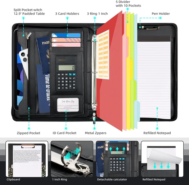 Alt view image 3 of 6 - Leather Portfolio Folder with Zipper - 3 Ring Binder with Clipbard - Calculator, 12.1 Tablet Sleeve, 5 Dividers with 10 Pockets, Refillable Notepad, Card Holder (Bushes)