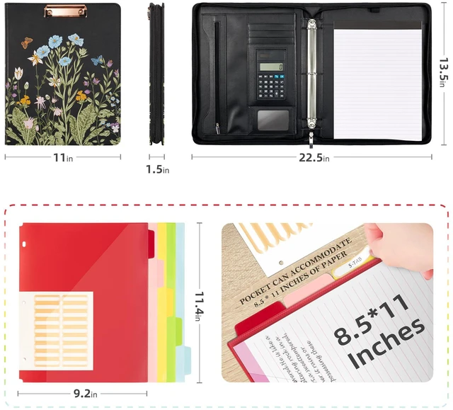 Alt view image 2 of 6 - Leather Portfolio Folder with Zipper - 3 Ring Binder with Clipbard - Calculator, 12.1 Tablet Sleeve, 5 Dividers with 10 Pockets, Refillable Notepad, Card Holder (Bushes)