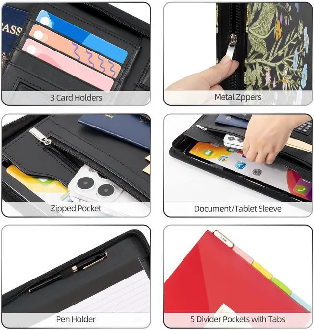 Alt view image 4 of 6 - Leather Portfolio Folder with Zipper - 3 Ring Binder with Clipbard - Calculator, 12.1 Tablet Sleeve, 5 Dividers with 10 Pockets, Refillable Notepad, Card Holder (Bushes)