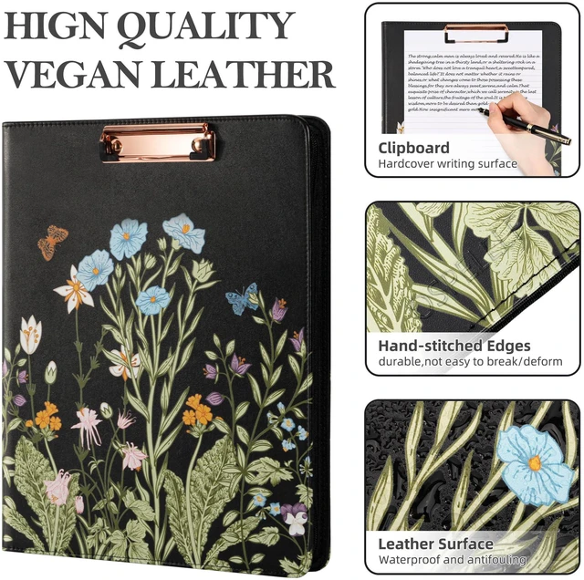 Alt view image 5 of 6 - Leather Portfolio Folder with Zipper - 3 Ring Binder with Clipbard - Calculator, 12.1 Tablet Sleeve, 5 Dividers with 10 Pockets, Refillable Notepad, Card Holder (Bushes)