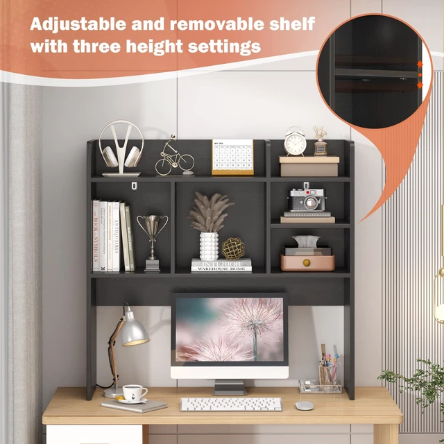 Alt view image 5 of 7 - Desk Hutch with 6 Shelves, Desktop Organizer Shelf for Office Dorm, Black Wood Desk Shelf for Top of Desk, Over Desk Hutch Bookshelf, Anti-Tip Design, Non-Slip Feet. Space-Saving Design