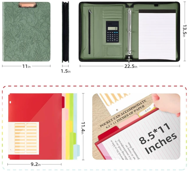 Alt view image 2 of 6 - Green Leather Portfolio Binder 3 Ring, Zippered Clipboard Folder with Storage - 5 Dividers with Pocket, Padfolio for Women,12.1 Tablet Sleeve, Refillable Notepad, Card Slot