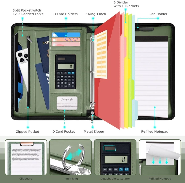 Alt view image 3 of 6 - Green Leather Portfolio Binder 3 Ring, Zippered Clipboard Folder with Storage - 5 Dividers with Pocket, Padfolio for Women,12.1 Tablet Sleeve, Refillable Notepad, Card Slot