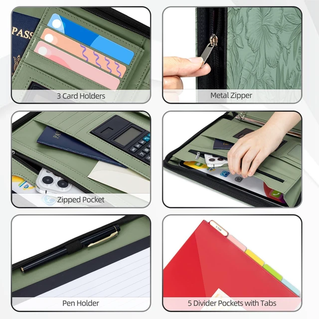 Alt view image 4 of 6 - Green Leather Portfolio Binder 3 Ring, Zippered Clipboard Folder with Storage - 5 Dividers with Pocket, Padfolio for Women,12.1 Tablet Sleeve, Refillable Notepad, Card Slot