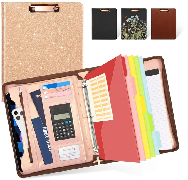 Main image of Clipboard with Storage, 3 Ring Binder with Zipper, Leather Padfolio Portfolio Folder, Calculator, 12.1 Tablet Sleeve, 5 Dividers with Pocket|Refillable Notepad, Card Slot (Rose Gold)