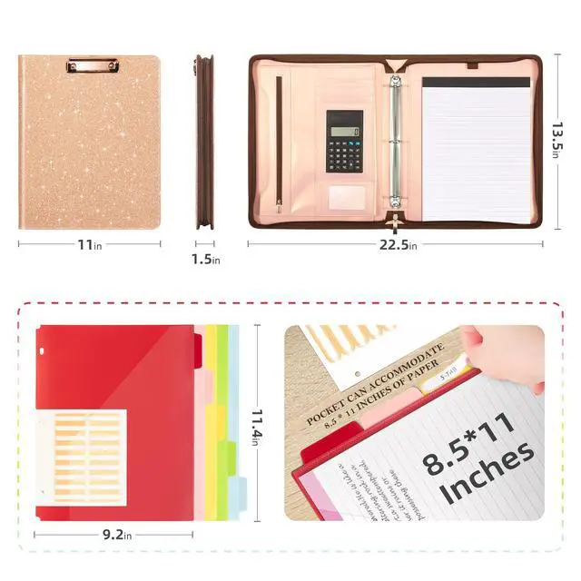 Alt view image 2 of 6 - Clipboard with Storage, 3 Ring Binder with Zipper, Leather Padfolio Portfolio Folder, Calculator, 12.1 Tablet Sleeve, 5 Dividers with Pocket|Refillable Notepad, Card Slot (Rose Gold)