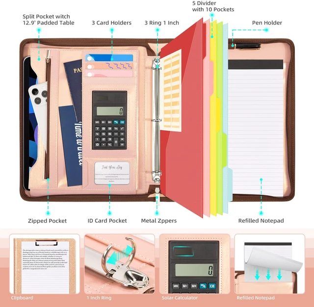 Alt view image 3 of 6 - Clipboard with Storage, 3 Ring Binder with Zipper, Leather Padfolio Portfolio Folder, Calculator, 12.1 Tablet Sleeve, 5 Dividers with Pocket|Refillable Notepad, Card Slot (Rose Gold)