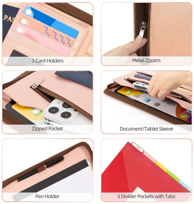 Alt view image 4 of 6 - Clipboard with Storage, 3 Ring Binder with Zipper, Leather Padfolio Portfolio Folder, Calculator, 12.1 Tablet Sleeve, 5 Dividers with Pocket|Refillable Notepad, Card Slot (Rose Gold)