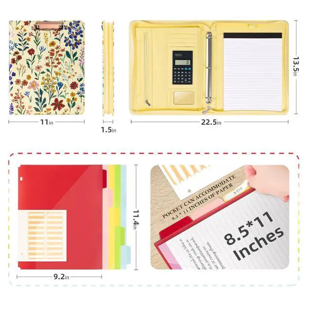 Alt view image 2 of 6 - Leather Clipboard Binder with Storage - 3 Ring Zippered Padfolio Portfolio Folder - Calculator, 12.1 Tablet Sleeve, 5 Dividers with Pocket, Refillable Notepad, Card Slot (Floral)
