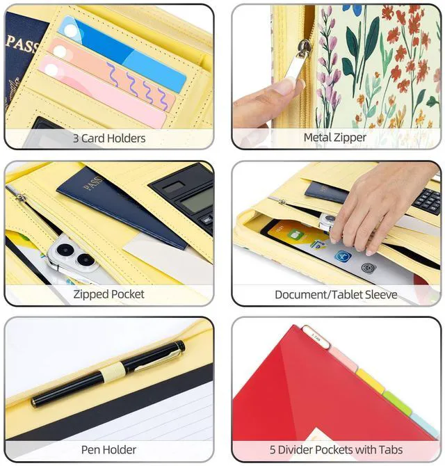 Alt view image 4 of 6 - Leather Clipboard Binder with Storage - 3 Ring Zippered Padfolio Portfolio Folder - Calculator, 12.1 Tablet Sleeve, 5 Dividers with Pocket, Refillable Notepad, Card Slot (Floral)