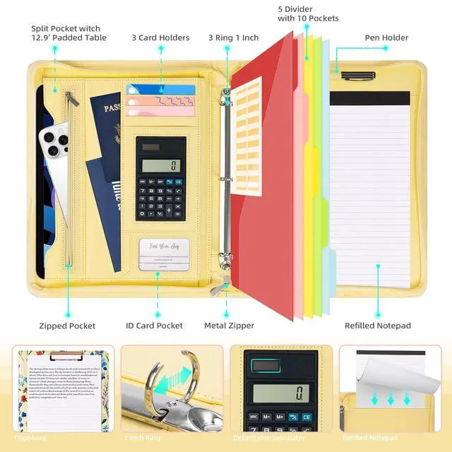 Alt view image 3 of 6 - Leather Clipboard Binder with Storage - 3 Ring Zippered Padfolio Portfolio Folder - Calculator, 12.1 Tablet Sleeve, 5 Dividers with Pocket, Refillable Notepad, Card Slot (Floral)