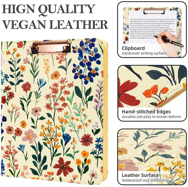 Alt view image 5 of 6 - Leather Clipboard Binder with Storage - 3 Ring Zippered Padfolio Portfolio Folder - Calculator, 12.1 Tablet Sleeve, 5 Dividers with Pocket, Refillable Notepad, Card Slot (Floral)