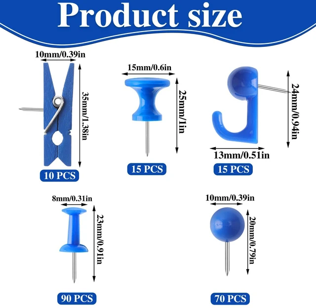 Alt view image 2 of 7 - 200 Pcs Push Pins for Bulletin Board, Thumb Tacks for Cork Board Blue, Reusable, 5 Style Thumbtacks for Wall Maps Pictures Office Back to School Supplies