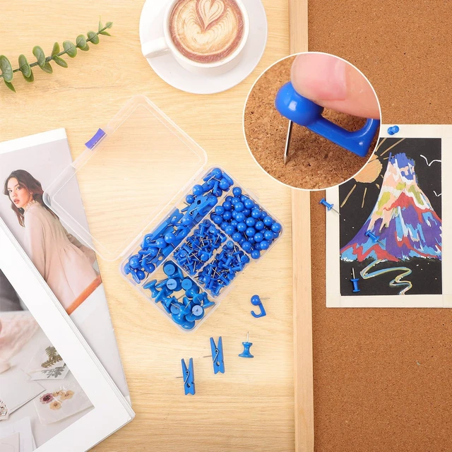 Alt view image 3 of 7 - 200 Pcs Push Pins for Bulletin Board, Thumb Tacks for Cork Board Blue, Reusable, 5 Style Thumbtacks for Wall Maps Pictures Office Back to School Supplies