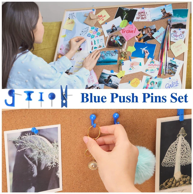 Alt view image 6 of 7 - 200 Pcs Push Pins for Bulletin Board, Thumb Tacks for Cork Board Blue, Reusable, 5 Style Thumbtacks for Wall Maps Pictures Office Back to School Supplies