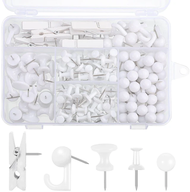 Main image of 200 Pcs Push Pins for Bulletin Board, Thumb Tacks for Cork Board White, Reusable, 5 Style Thumbtacks for Wall Maps Pictures Office Back to School Supplies