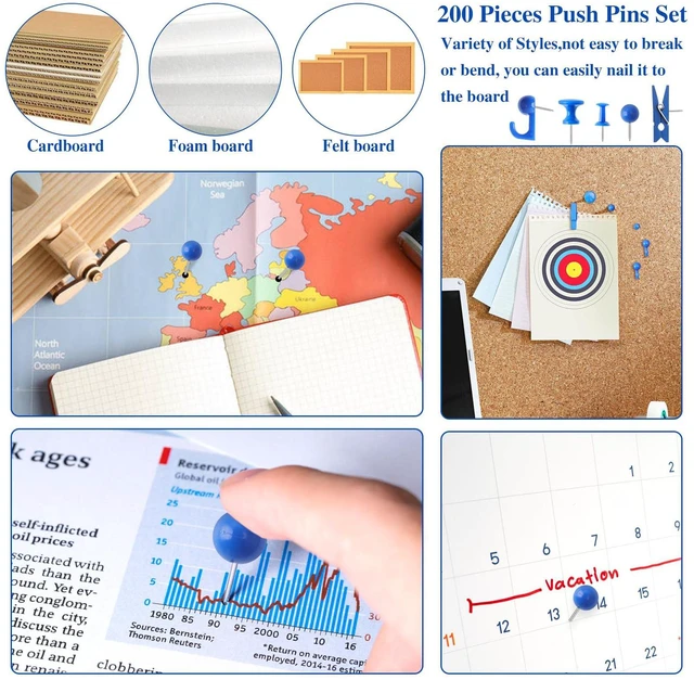 Alt view image 7 of 7 - 200 Pcs Push Pins for Bulletin Board, Thumb Tacks for Cork Board Blue, Reusable, 5 Style Thumbtacks for Wall Maps Pictures Office Back to School Supplies
