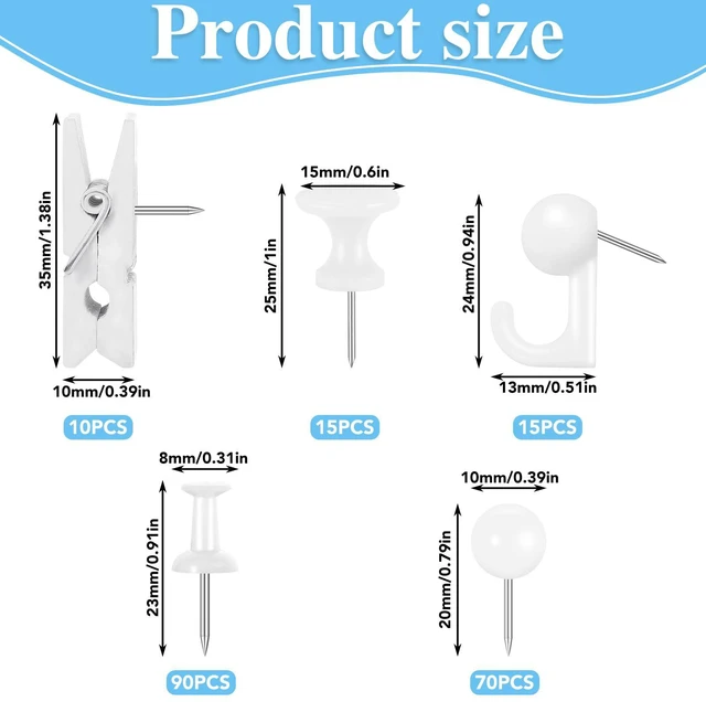 Alt view image 2 of 7 - 200 Pcs Push Pins for Bulletin Board, Thumb Tacks for Cork Board White, Reusable, 5 Style Thumbtacks for Wall Maps Pictures Office Back to School Supplies