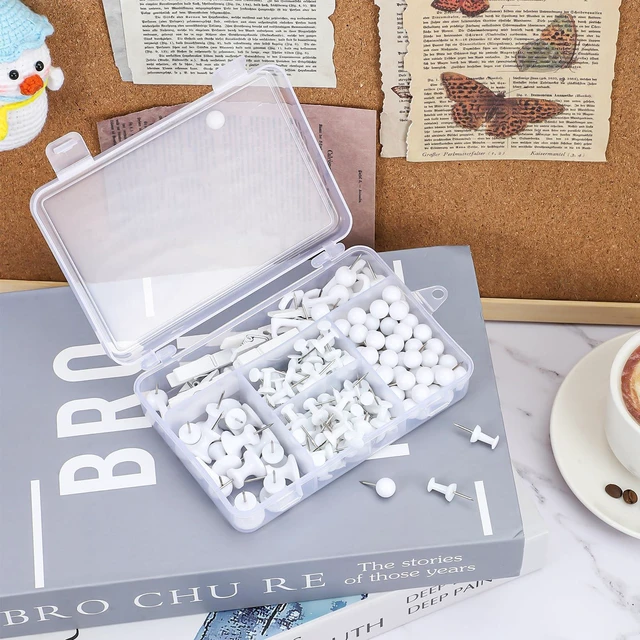 Alt view image 3 of 7 - 200 Pcs Push Pins for Bulletin Board, Thumb Tacks for Cork Board White, Reusable, 5 Style Thumbtacks for Wall Maps Pictures Office Back to School Supplies