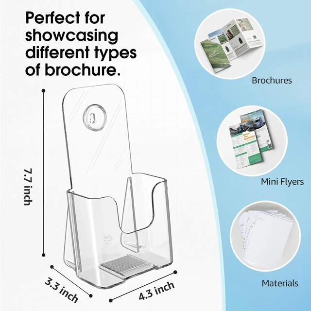Alt view image 2 of 7 - Acrylic Trifold Brochure Holder, 4 Inch Wide flyer Holder, 12 Pack Clear Acrylic Material, Wall Mount or Countertop Display, Fits Trifold Brochures or Flyers, Non Slip Slot, Polished Edge