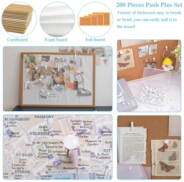 Alt view image 7 of 7 - 200 Pcs Push Pins for Bulletin Board, Thumb Tacks for Cork Board White, Reusable, 5 Style Thumbtacks for Wall Maps Pictures Office Back to School Supplies