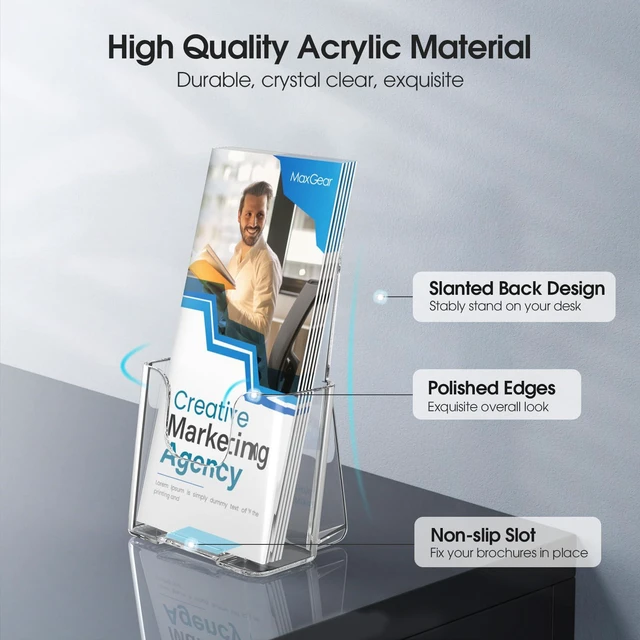Alt view image 3 of 7 - Acrylic Trifold Brochure Holder, 4 Inch Wide flyer Holder, 12 Pack Clear Acrylic Material, Wall Mount or Countertop Display, Fits Trifold Brochures or Flyers, Non Slip Slot, Polished Edge