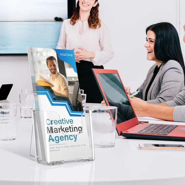 Alt view image 5 of 7 - Acrylic Trifold Brochure Holder, 4 Inch Wide flyer Holder, 12 Pack Clear Acrylic Material, Wall Mount or Countertop Display, Fits Trifold Brochures or Flyers, Non Slip Slot, Polished Edge