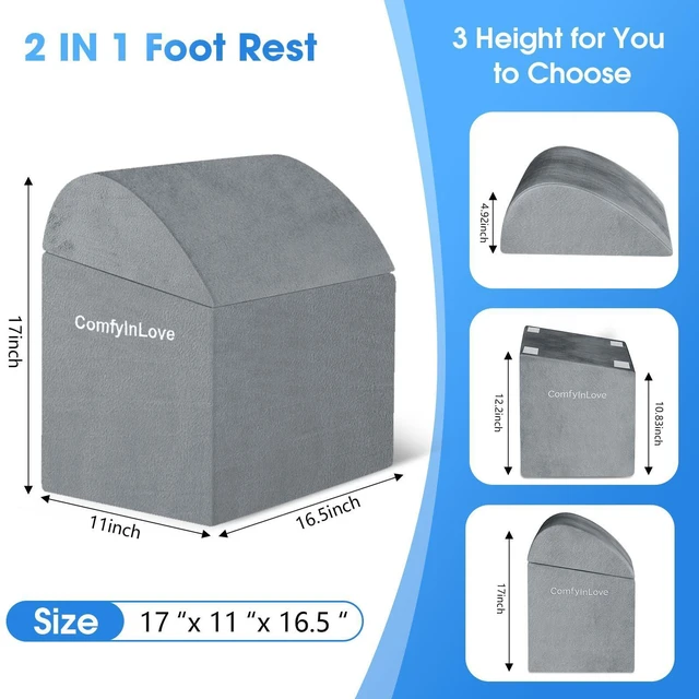 Alt view image 2 of 7 - Foot Rest for Under Desk with 3 Heights, Foot Stool, Light Grey Memory foam adjustable footrest, Ergonomic leg elevation, Non-slip Bottom, Washable Cover, Desk Office Home Car Coach Bed