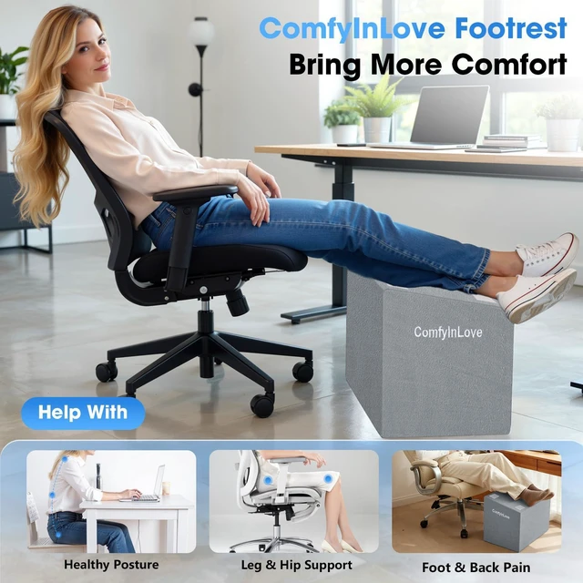Alt view image 6 of 7 - Foot Rest for Under Desk with 3 Heights, Foot Stool, Light Grey Memory foam adjustable footrest, Ergonomic leg elevation, Non-slip Bottom, Washable Cover, Desk Office Home Car Coach Bed