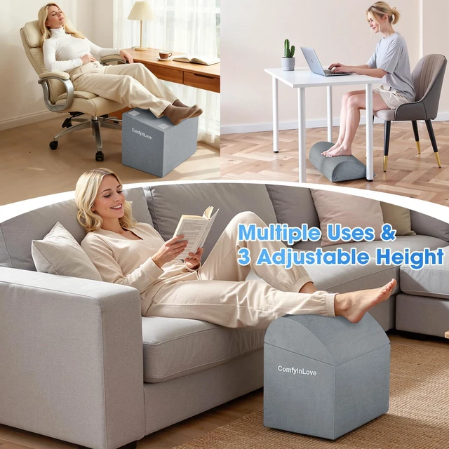 Alt view image 7 of 7 - Foot Rest for Under Desk with 3 Heights, Foot Stool, Light Grey Memory foam adjustable footrest, Ergonomic leg elevation, Non-slip Bottom, Washable Cover, Desk Office Home Car Coach Bed